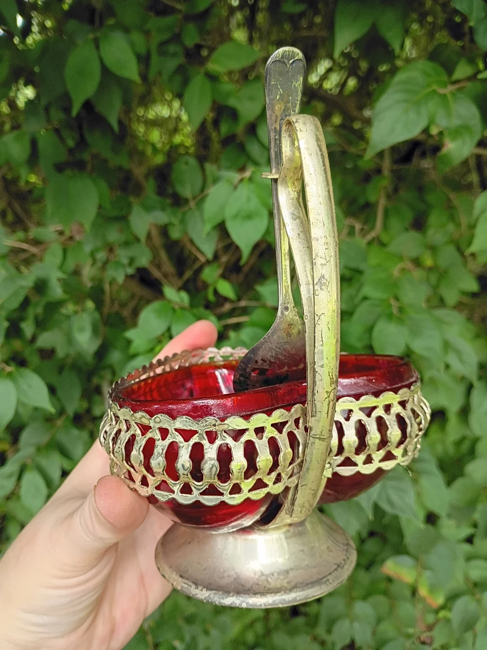 VTG Heart Shaped Silver Plate Jam/Sugar Dish Red Glass w Spoon Sheffield England